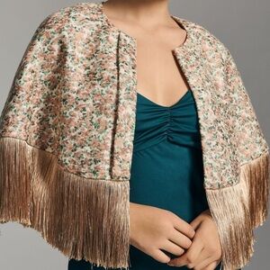 Traffic People- NWT Anthropologie Floral Metallic Fringe Cape